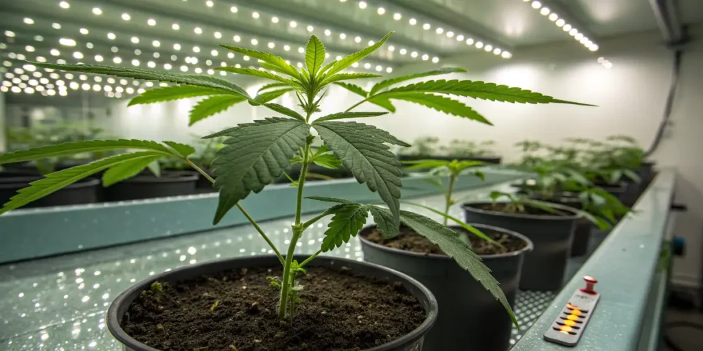 Young Grow Guanabana seedling under LED lights in a controlled indoor grow room.