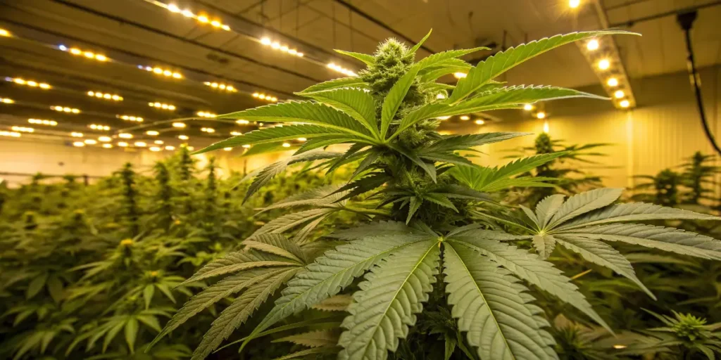 Indoor Gypsy Kush plant forming thick buds beneath warm grow lights.