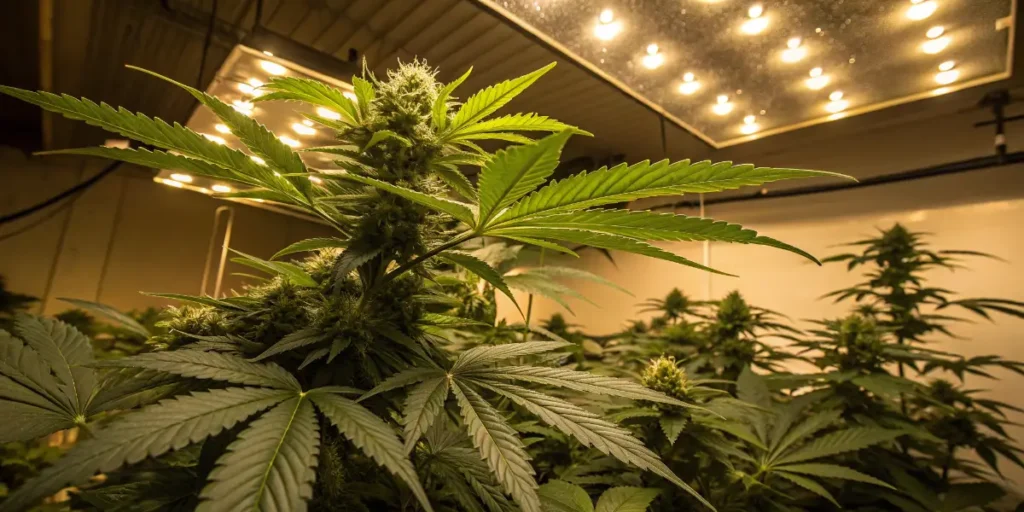 Gypsy Kush flowering indoors under LED panels with dense green buds.