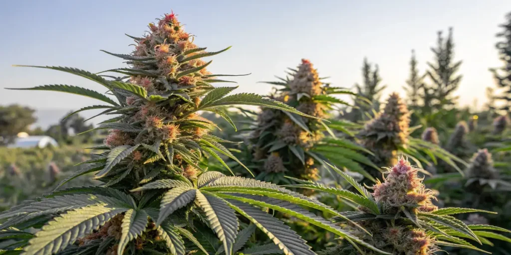 Sunlit Gypsy Kush plant with frosty buds growing in a wide outdoor field.