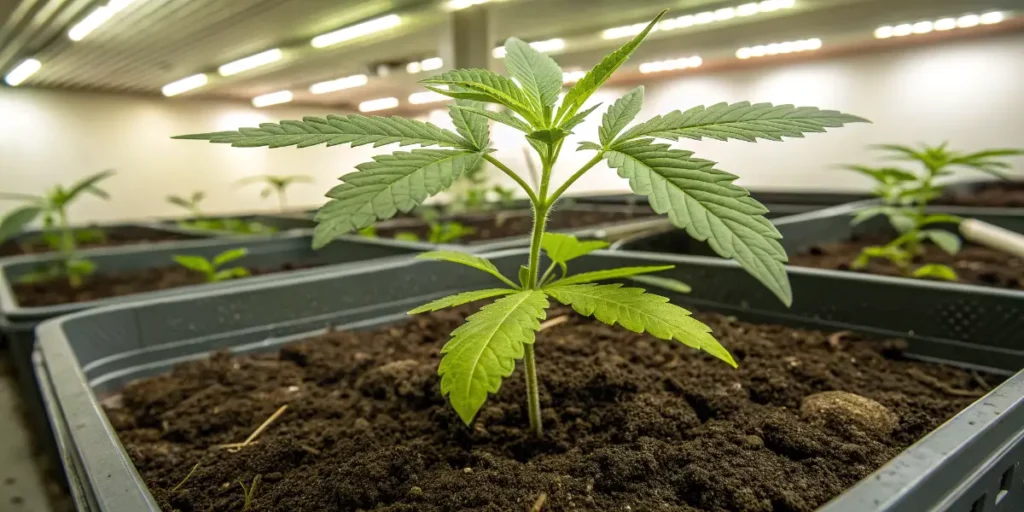 Harlequin seedling with fresh green leaves thriving in a well-lit grow room.