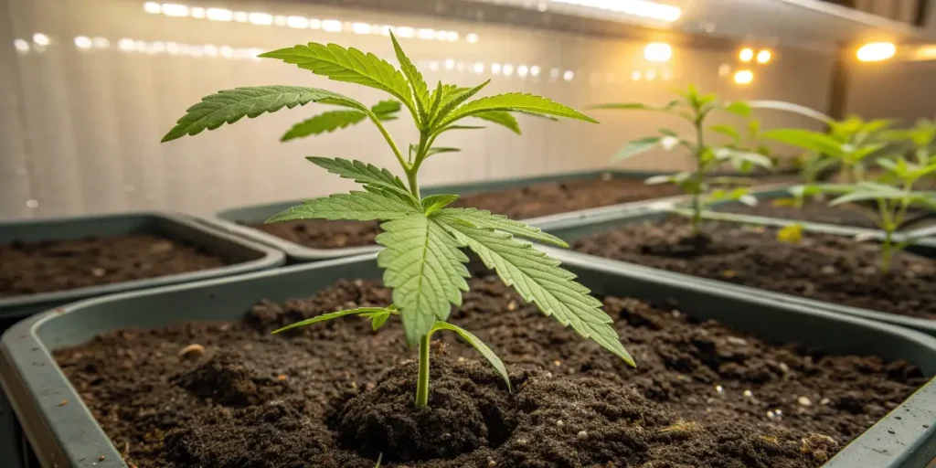 Small Harlequin seedling growing in soil trays under controlled indoor lighting.