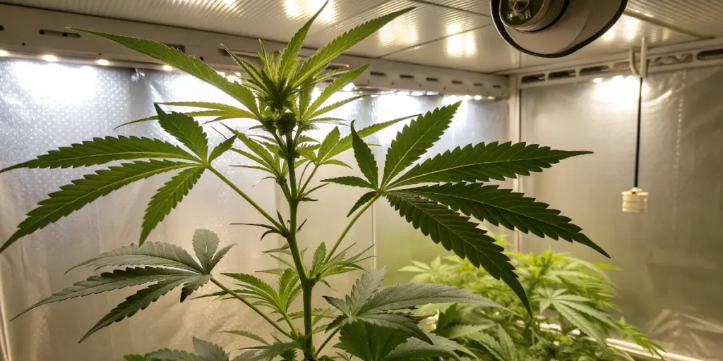 Harlequin plant in vegetative phase thriving under LED panels in a grow room.