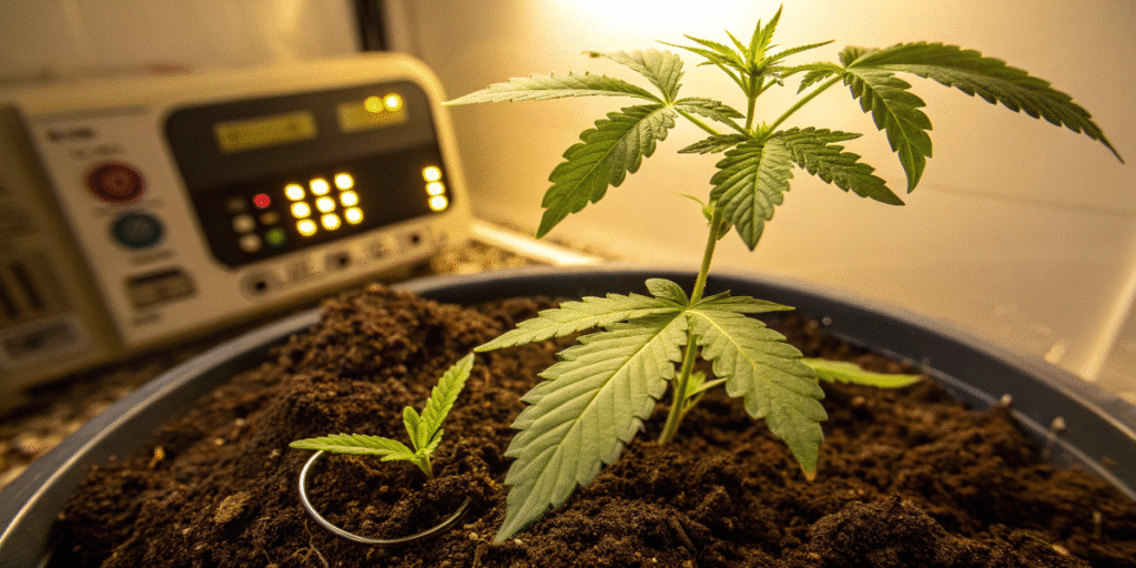 Grizzly Purple Kush showing dense foliage and early bud sites under bright LED panels.