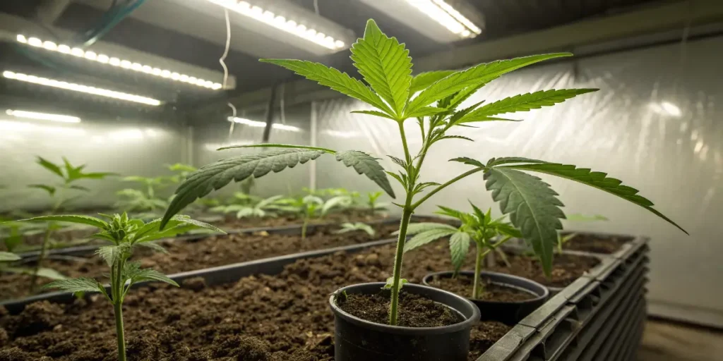 Hellfire OG seedling in small pots thriving beneath strong grow lights.