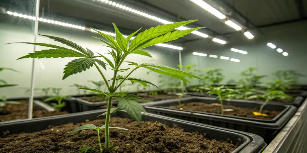 Young Hellfire OG plant growing under bright indoor LED lights in soil trays.