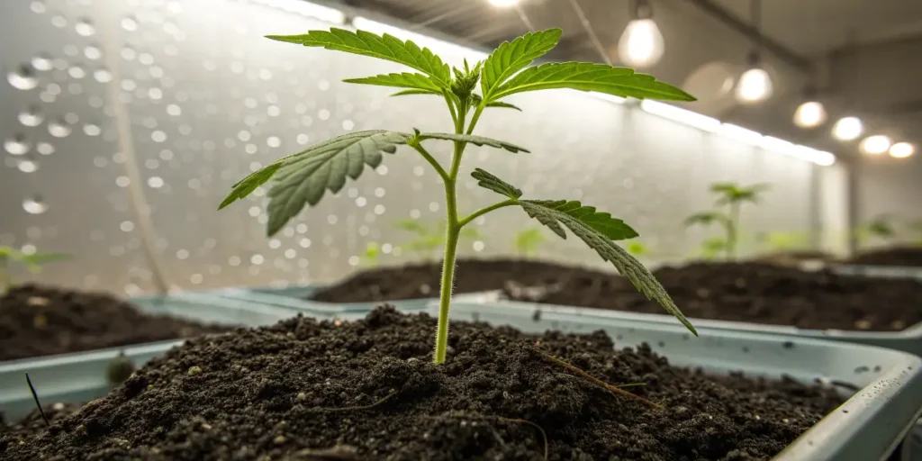 Hindu Kush Auto seedling sprouting in moist soil under bright grow lights.
