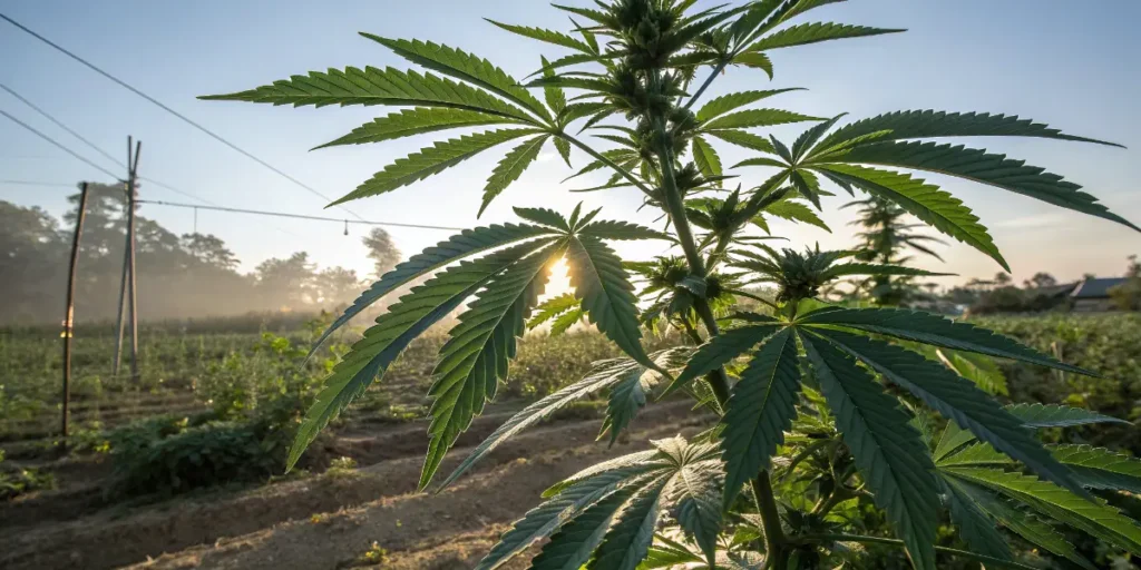 Hindu Kush Auto plant standing tall in a sunlit field during early growth.