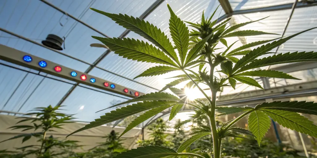 Hippo High cannabis plant growing inside a sunlit greenhouse with wide fan leaves.