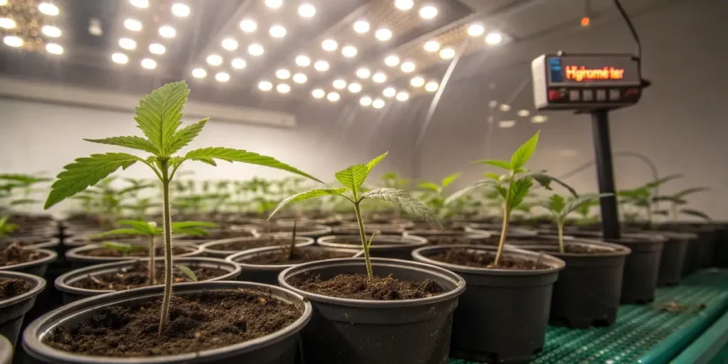 Hippo High seedlings in pots under a hygrometer and LED grow lights.