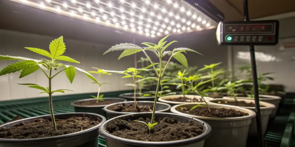 Hippo High cannabis plant under greenhouse LED lights with sunlight shining through.