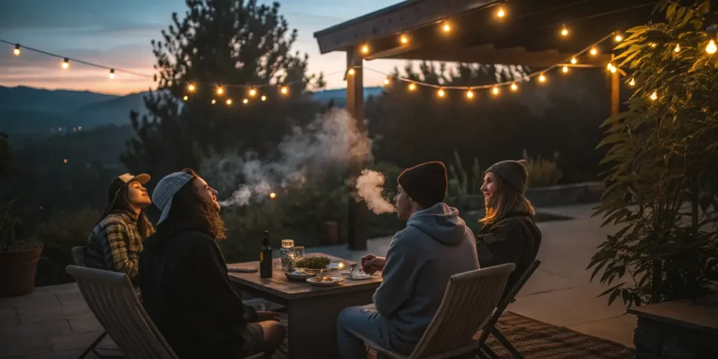 A group of friends sitting on a patio at sunset, holding and exhaling hits of marijuana under warm string lights.