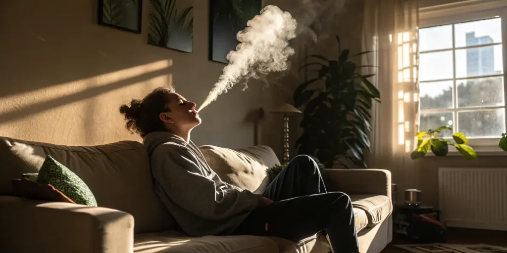A young woman sitting on a couch, holding a hit of marijuana and exhaling a cloud of smoke in a bright living room.