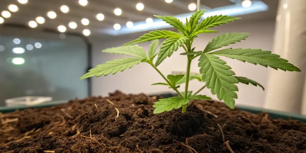 Close-up of Ice Cream Cake Auto cannabis seedling growing under controlled indoor lighting.