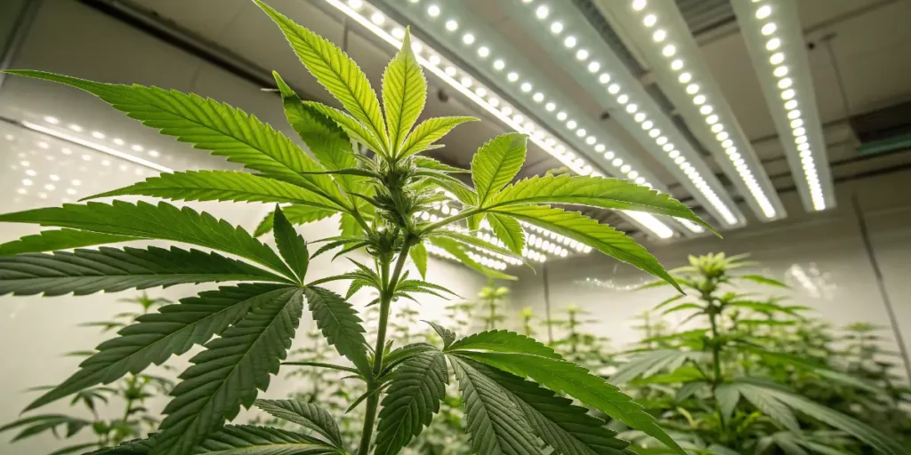 Autoflowering Ice Cream Cake Auto cannabis plant in vegetative stage under LED grow lights indoors.