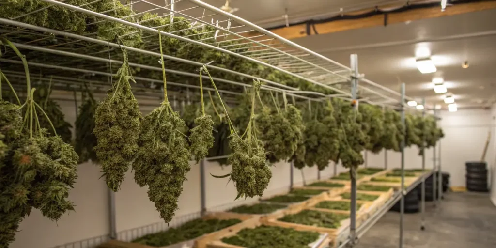 Large harvested Ice Cream Cake cannabis buds hanging to dry in a professional drying room.