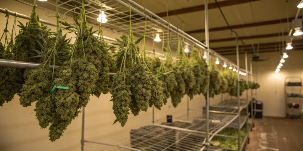 Freshly harvested Ice Cream Cake cannabis buds hanging on racks above trays of drying material.