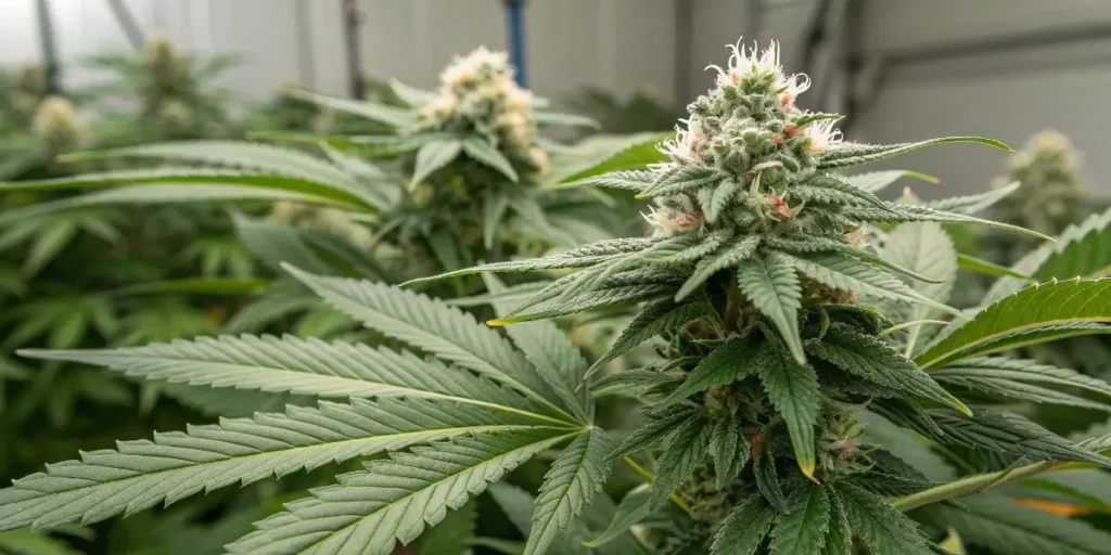 Ice Cream Cake cannabis plant with dense, resinous buds in an indoor flowering room.