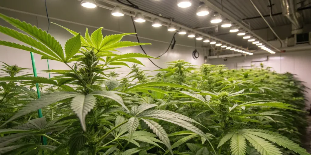 Ice Cream cannabis plants developing dense foliage under bright indoor grow lights.