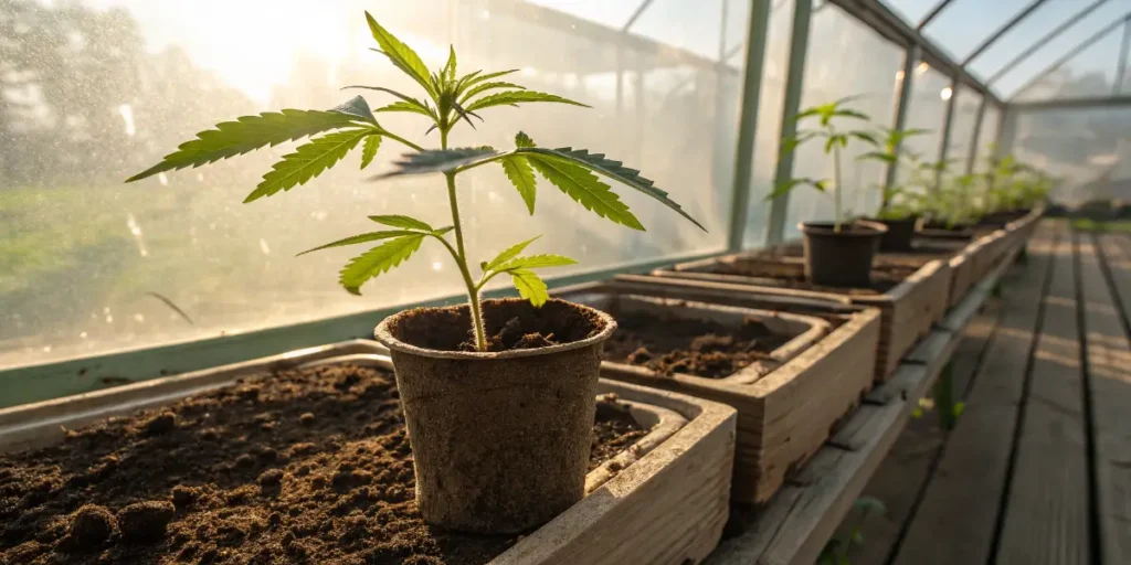 Ice Cream seedling in a small pot growing inside a sunlit greenhouse.
