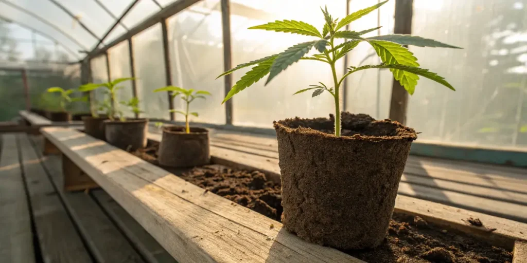 Ice Cream cannabis seedlings lined on wooden benches inside a bright greenhouse.