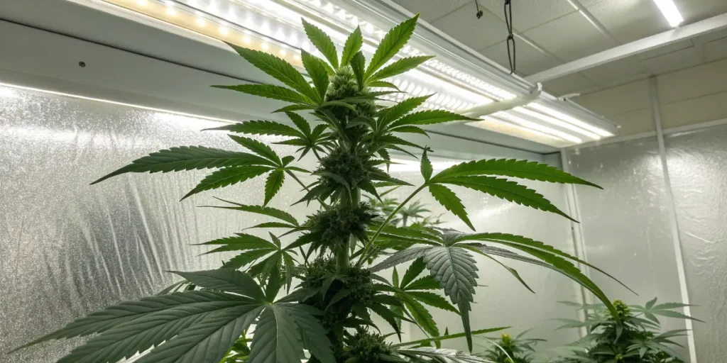 Healthy Indica Cream cannabis plant in vegetative stage under LED grow lights