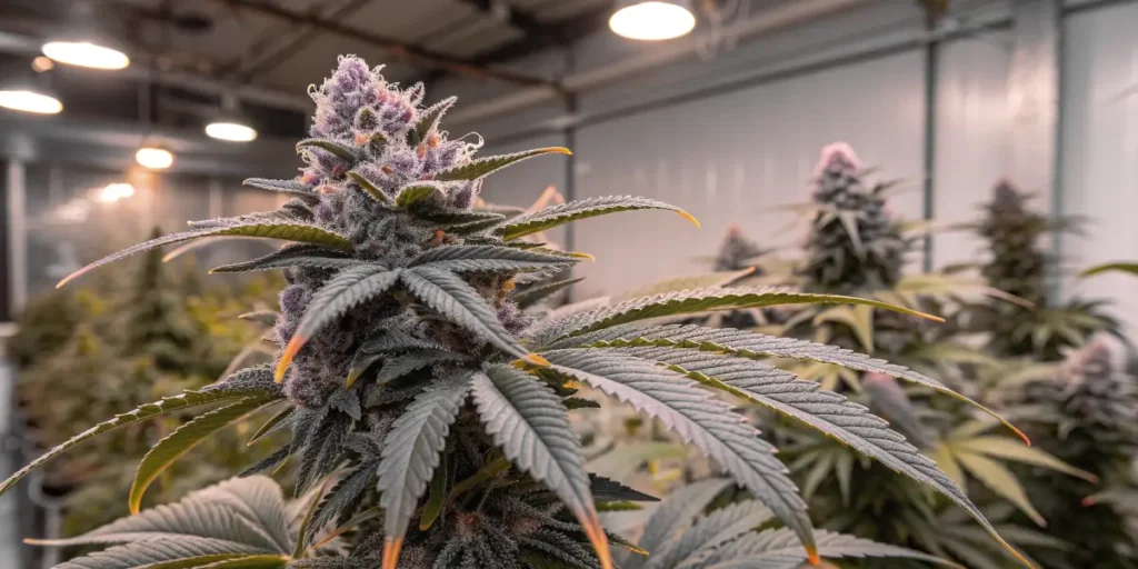 Close-up of a frosty GSC cannabis cola with purple hues grown indoors under optimized lighting.