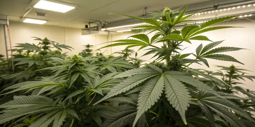 Healthy Kabrales Auto plant developing early buds under indoor LED grow setup