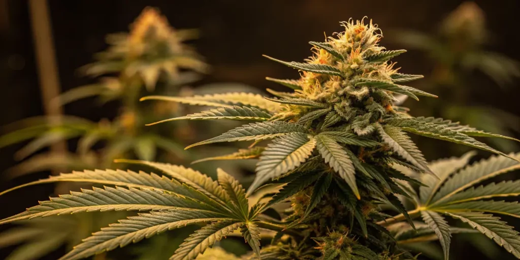 Tall Jack Auto cola covered in resin under warm indoor grow lights.