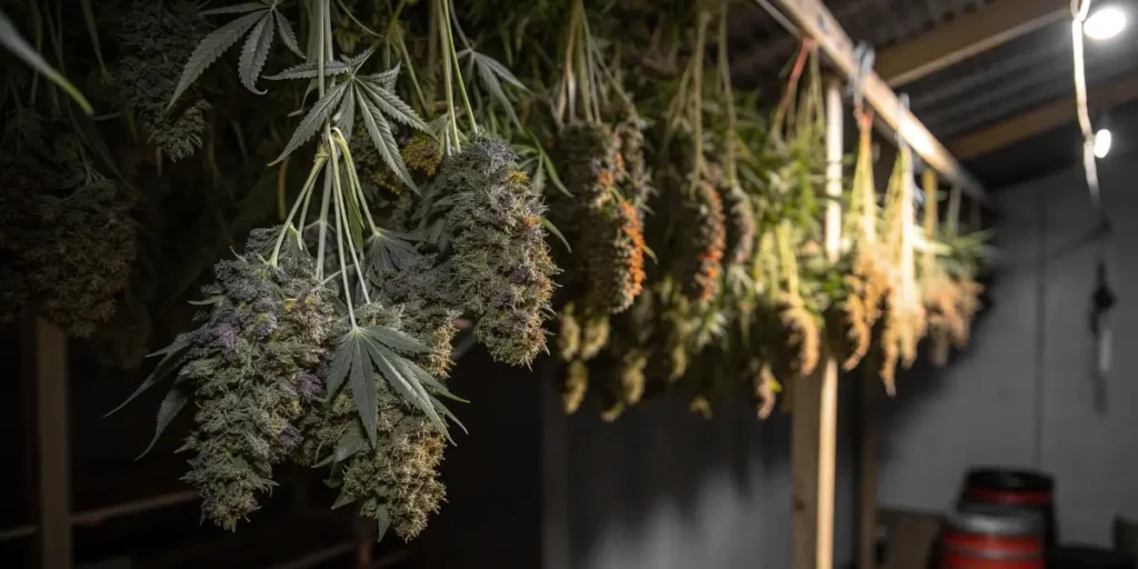 Dense Jack Auto buds hanging to dry in a dimly lit curing room.