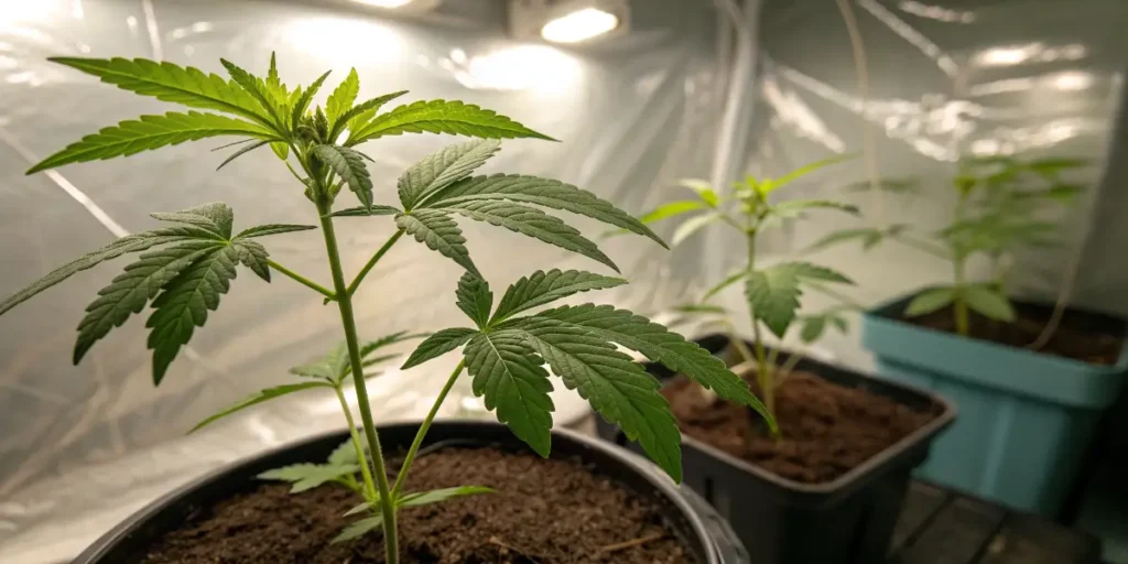 Small Jack Flash #5 cannabis plants in individual pots under indoor grow environment