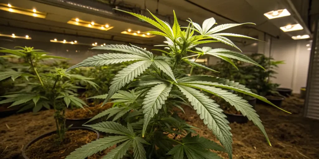 Close-up of Jack Flash #5 cannabis plant under indoor grow lights with wide fan leaves