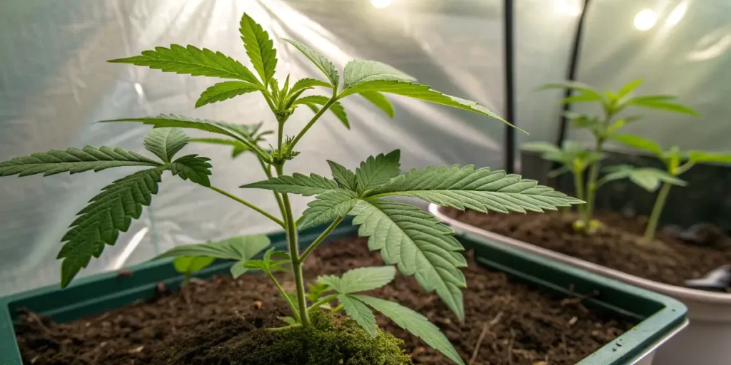 Jack Flash #5 cannabis seedling growing in small container during early stage