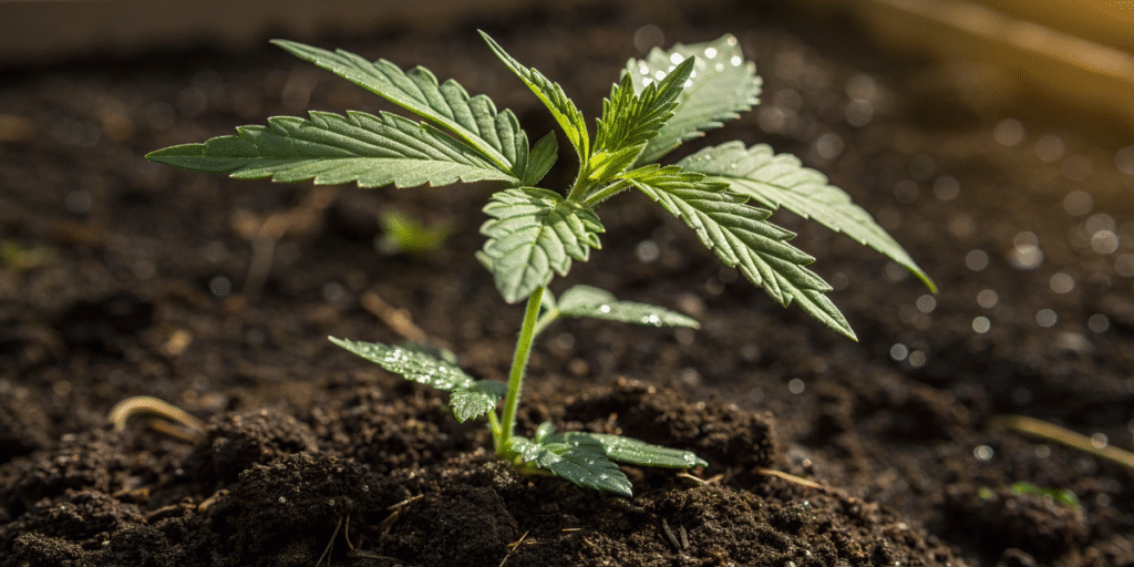 Young Jack Herer cannabis seedling growing in soil