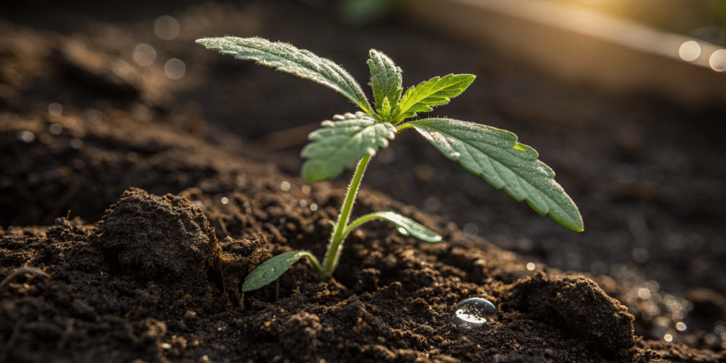 Fresh Jack Herer seedling emerging from soil with sunlight
