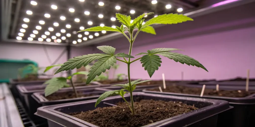Jamaican Dream Auto young cannabis plant under LED lighting