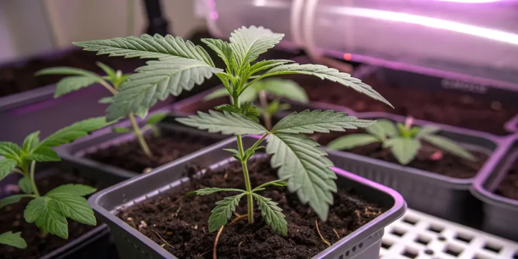 Young Jamaican Dream Auto seedling in pot under grow lights