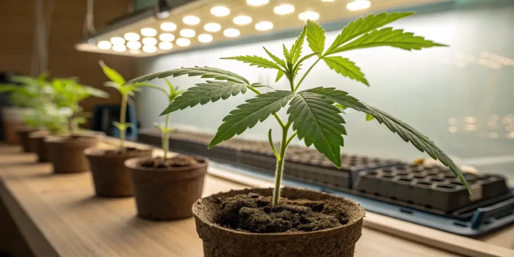 Young Jealousy cannabis seedling in a pot under bright grow lights during early development.