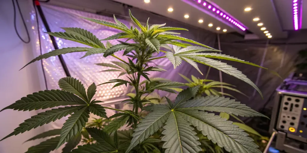 Jealousy cannabis plant growing indoors with reflective walls and LED lights enhancing its vegetative development.