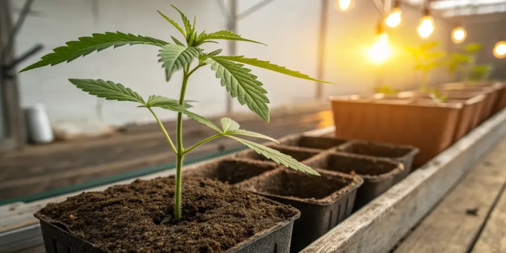 Small Jealousy cannabis plant in a nursery pot receiving strong LED illumination in a grow room.