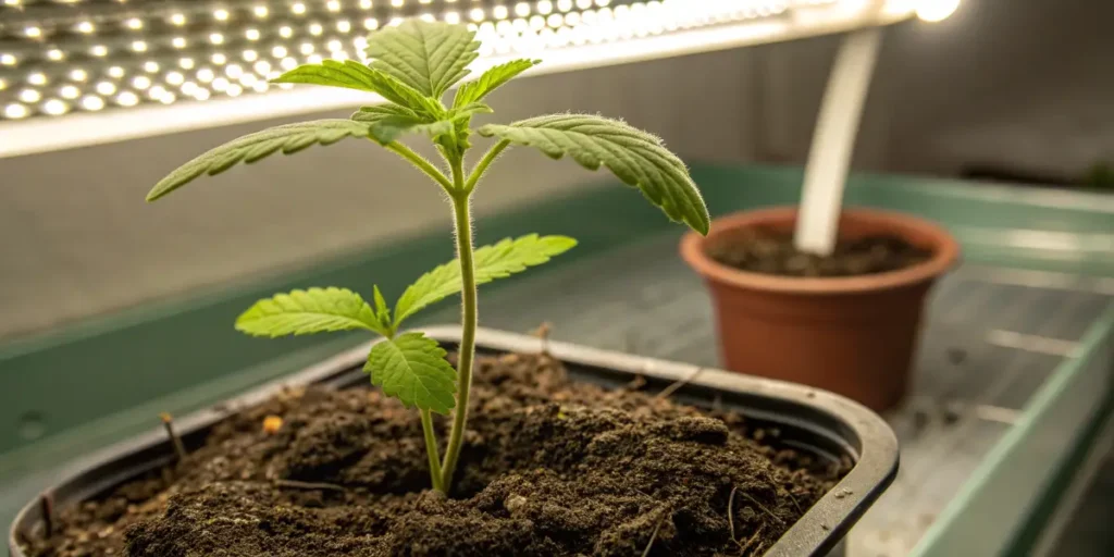 Flowering Joanne's CBD cannabis bud covered in trichomes under warm grow lights.