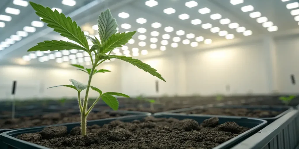 Jokerz cannabis seedling in indoor cultivation room with bright LED lighting