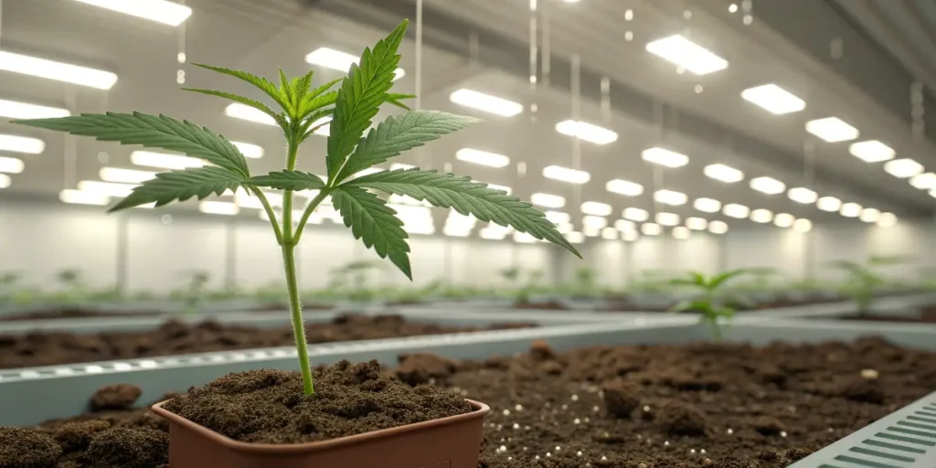 Young Jokerz cannabis seedling growing in soil under indoor grow lights
