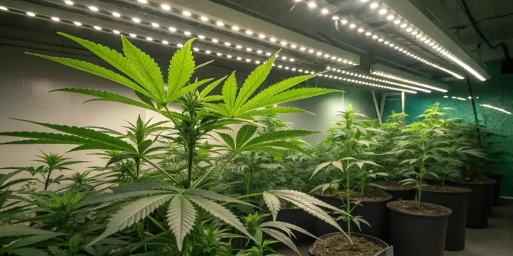 Indoor cannabis cultivation room with rows of Jokerz plants under LED lighting