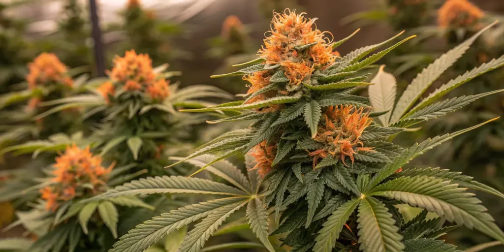 Fully developed Kaboom cannabis flowers on tall plants inside indoor grow room