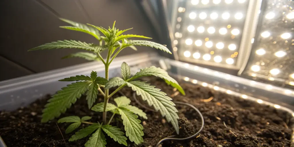 Kaboom cannabis plant in vegetative stage inside indoor grow setup with LED lighting