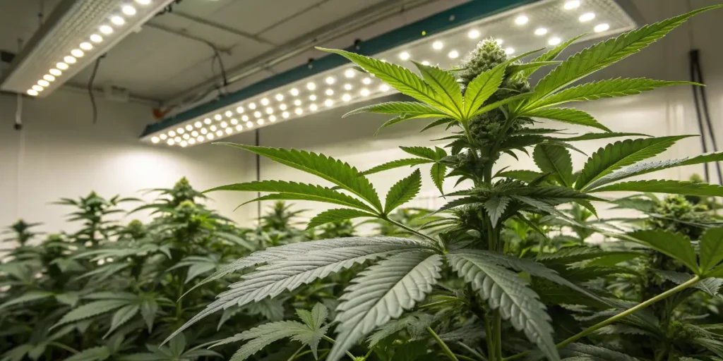 Kabrales Auto cannabis plant growing indoors under strong LED lighting during vegetative stage