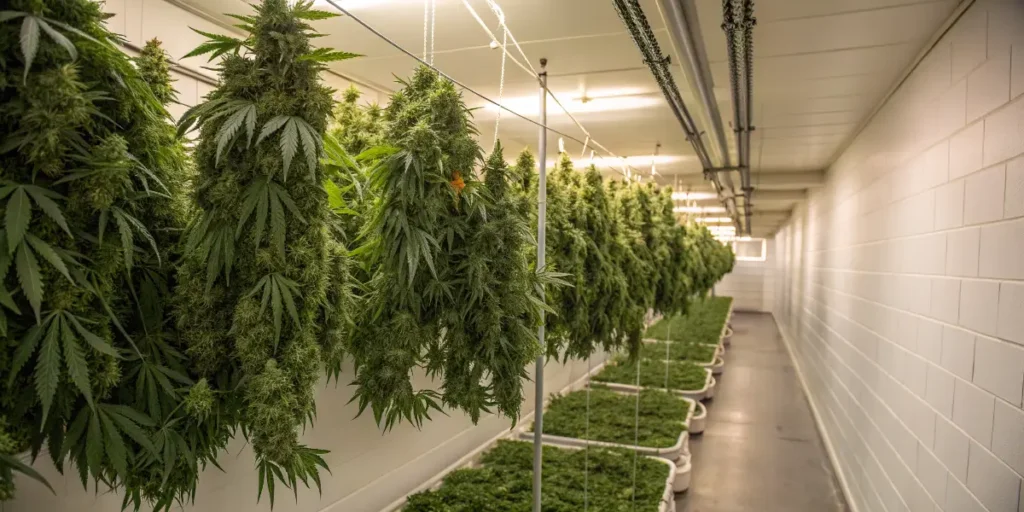 Rows of Kabrales cannabis flowers drying on hanging lines in a controlled room