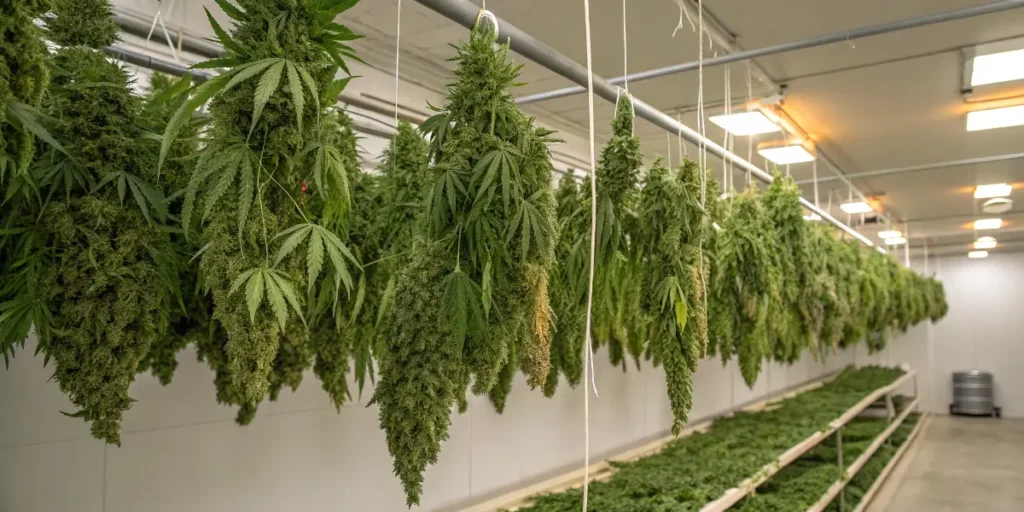 Large Kabrales cannabis colas hanging in a professional drying room