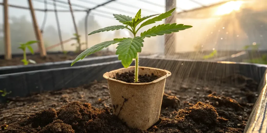 Young Karibbean Mango cannabis seedling growing in a biodegradable pot inside a greenhouse
